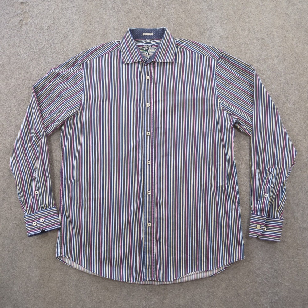 Bugatchi Uomo Shirt Mens Large Blue Red Green Long Sleeve Button Up Striped